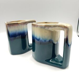 Rodolfo Padilla Artist Signed Drip Glazed Coffee Mugs - Emerald & Purple Set 2